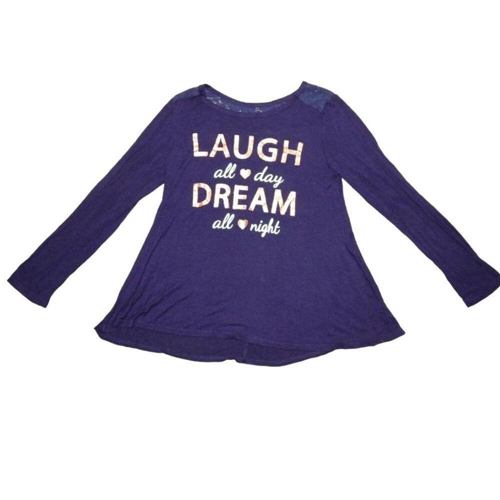 Btween Girls Large 10/12 Navy Graphic Long Sleeve Top Lace Back Detail